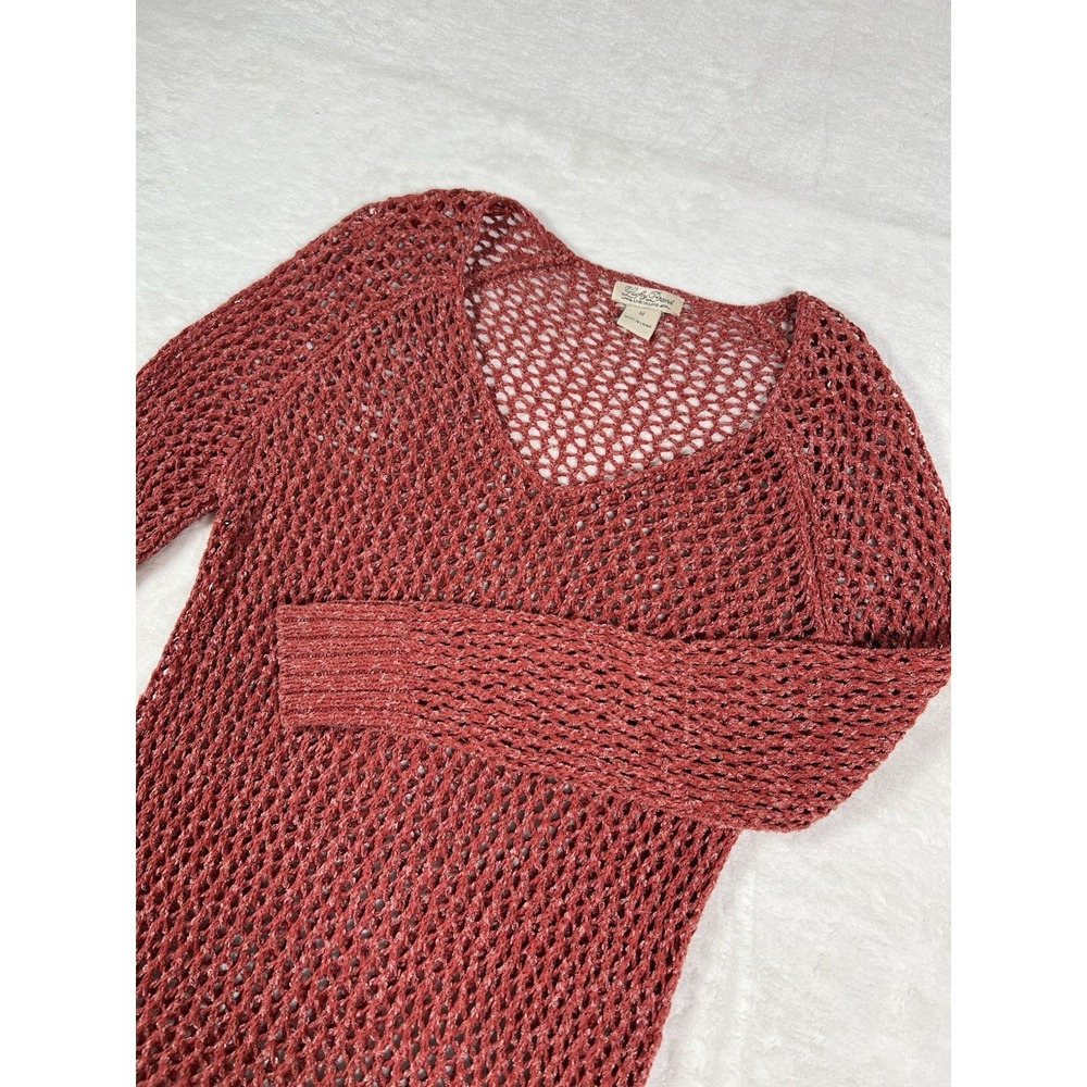 Lucky Brand Womens M Rust Terracotta Open Knit Crochet V-Neck Sweater Pullover